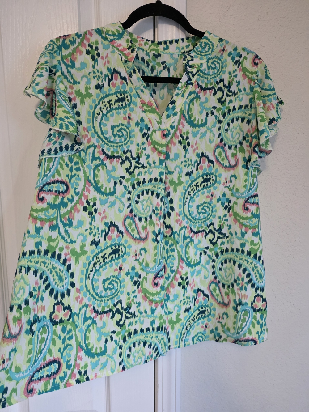 SHEIN Green Multi Paisley Flutter Sleeve Blouse